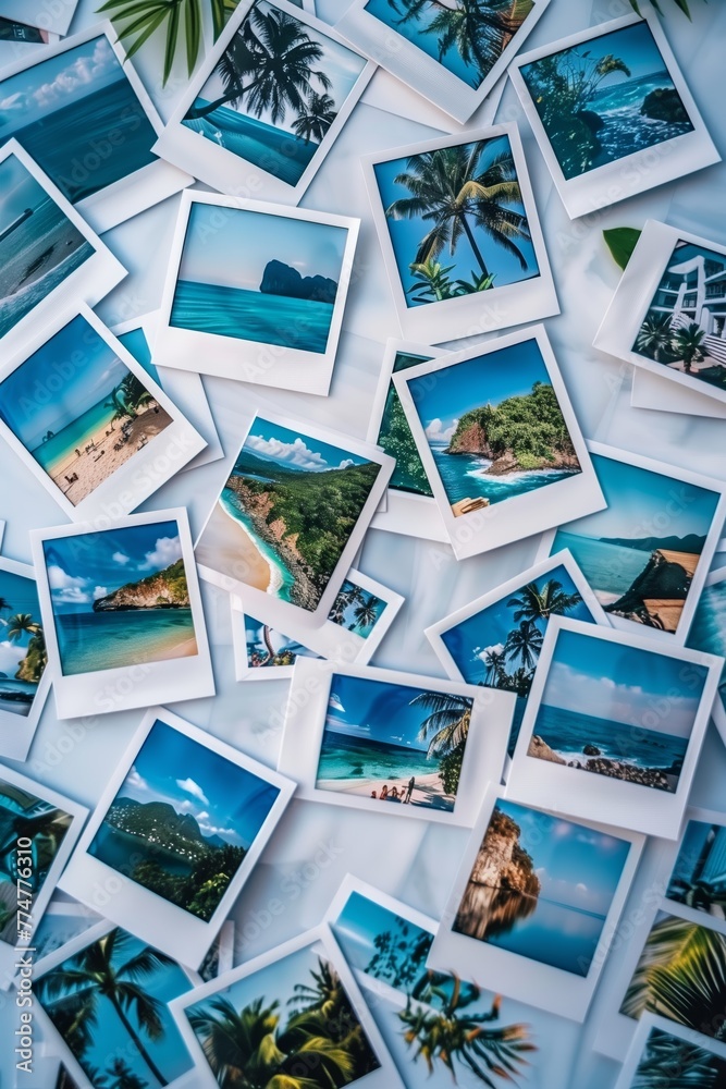 Fototapeta premium Scattered Tropical Beach Polaroids on Blue