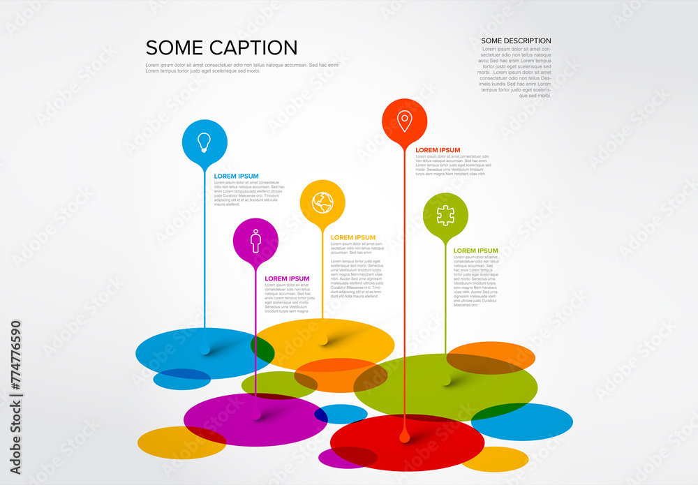 Infographic template with droplet pointers on big color circles ...