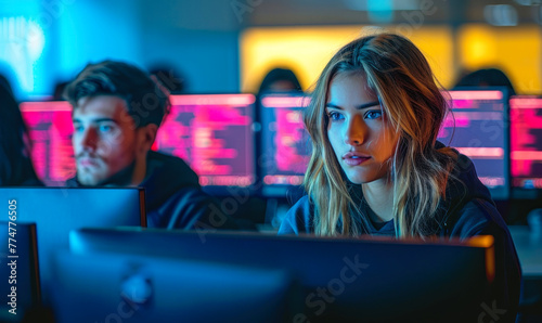 Silhouettes of office employees working on computers in a cybersecurity training session, learning to protect company data from hacking threats under neon red lights in a futuristic setting
