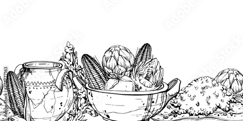 Hand drawn ink vector illustration, cooking pot ceramics vegetable stew maize corn quinoa, south american cuisine Seamless banner isolated on white background. Design travel, vacation, brochure, print