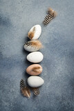 Easter concept. A set of chicken eggs and feathers on a concrete table. Top view.