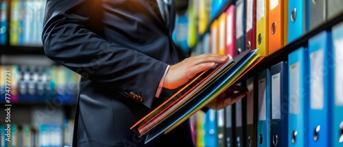 An office worker highlights a folder in the archive: database, administration, and file management photo