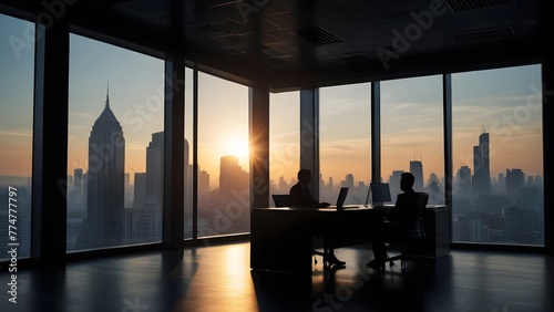 Modern office city skyline penthouse Silhouettes business people meeting, sunlight exposure illustration.