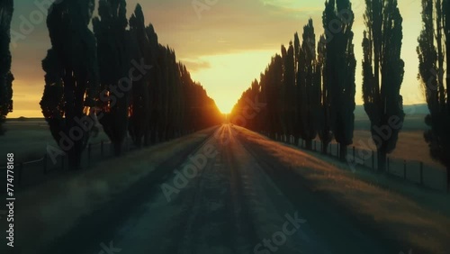 The sun sets over a solitary road lined with rows of trees creating a sense of haunting isolation. . AI generation. photo