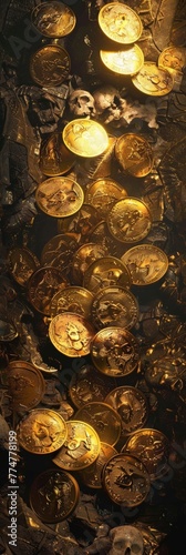 Cursed gold coins texture, shimmering with an unnatural glow amid ancient coins and skeletal remains, symbolizing greed and betrayal created with Generative AI Technology