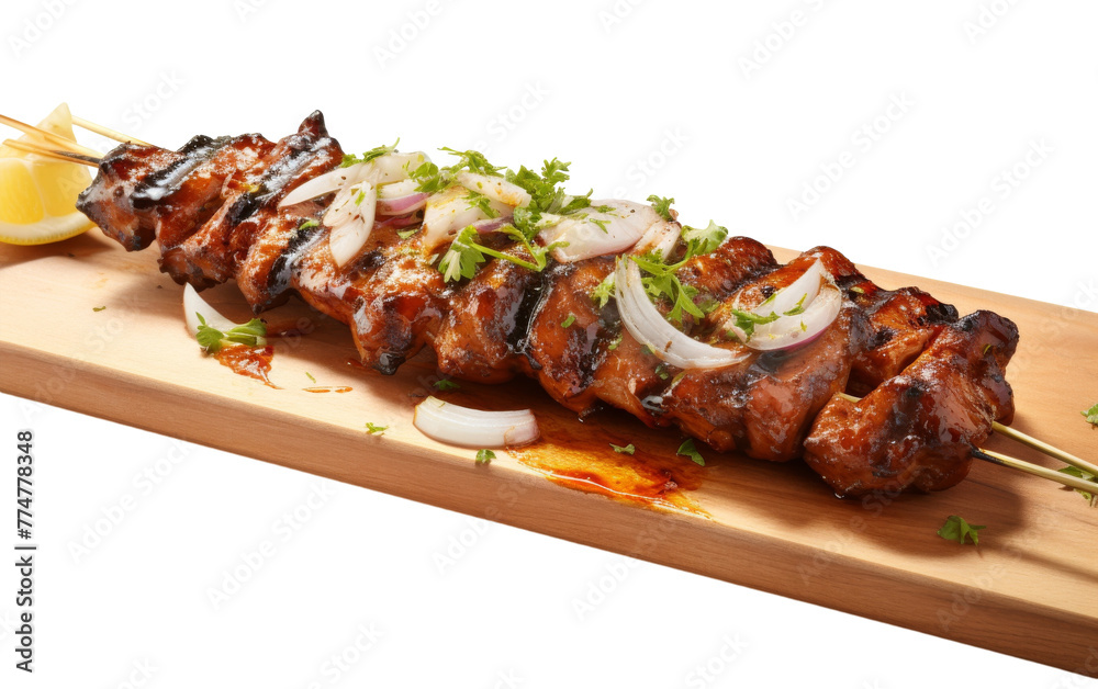 A vibrant close up of a delicious skewer of food resting on a wooden cutting board A vibrant close up of a delicious skewer of food resting on a wooden cutting board