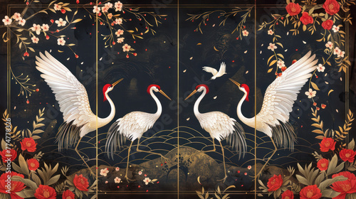 Folding screen in chinoiserie style with white cranes