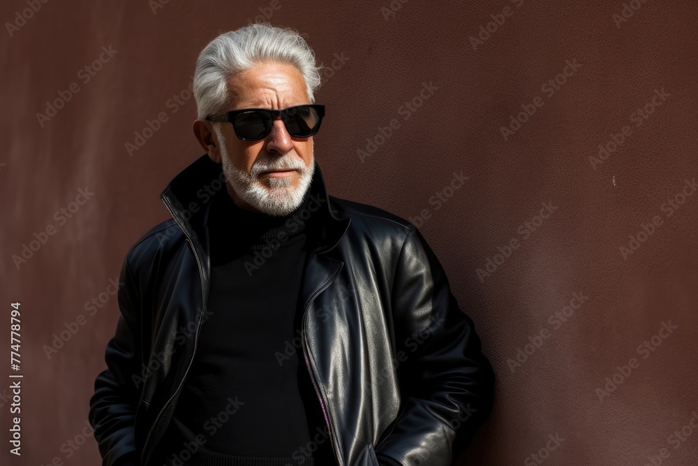 Stylish senior man posing with confidence in black leather jacket Stylish senior man posing with confidence in black leather jacket