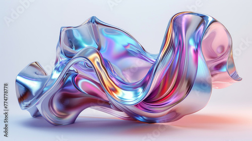Forma 3D fluida astratta metallica olografica colorata , Dinamica opera d'arte digitale caratterizzata da un'onda metallica vorticosa e da riflessi vibranti, astratto, metallo liquido, arte digitale,  photo