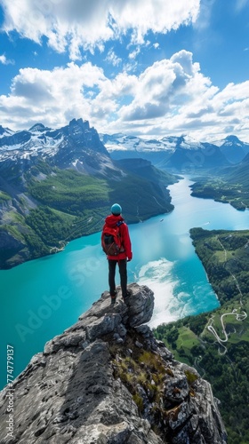 A man standing on top of a cliff overlooking water and mountains, AI © starush