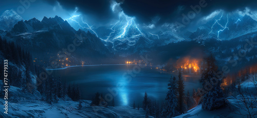 winter landscape panorama with thunderstorms and lightning in night sky in nature over lake with mountains