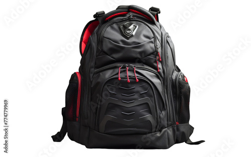 A sleek black backpack with vibrant red accents, exuding a sense of adventure and style