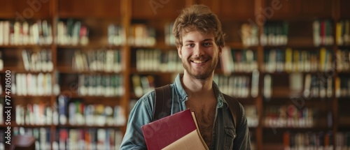 A handsome and confident student holds books and smiles at the camera. There are library bookshelves in the background.
