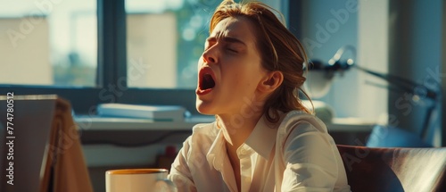 A tired woman yawning, working at an office desk while holding a cup of coffee, overworking and sleep deprivation concept.