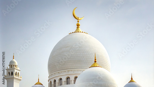 i grand mosque in white with the golden howl moon on the dome and a white background