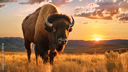 Bison at sunset in Yellowstone National Park, Wyoming, USA, A bison roaming across a grassland plateau during the setting sun, AI Generated photo