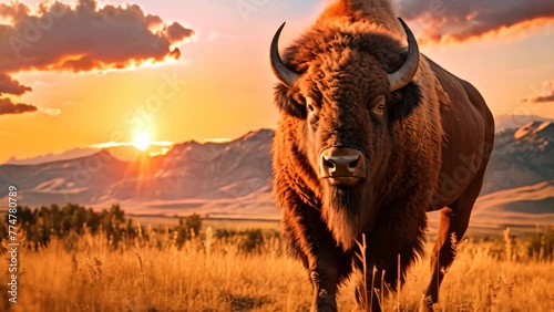 Bison at sunset in Yellowstone National Park, Wyoming, USA, A bison roaming across a grassland plateau during the setting sun, AI Generated photo