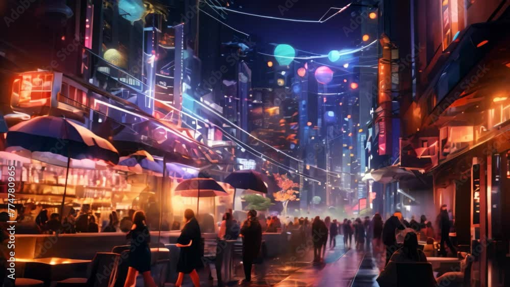 Crowds of people walking in a night street in Chengdu, China, A bustling city nightlife scene with vibrant neon lights, AI Generated