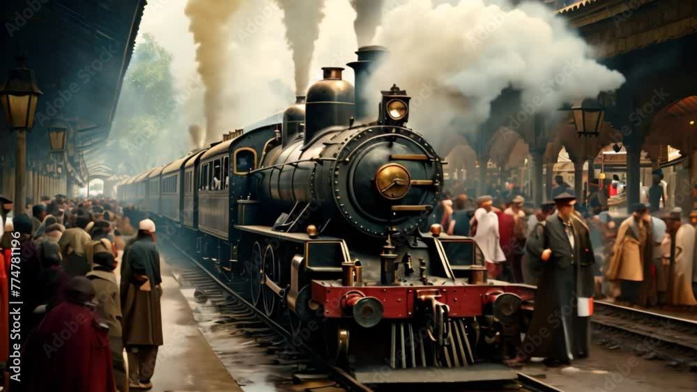 Vintage steam locomotive at the railway station, Kolkata, India, A bustling railway station in India with a steam engine pulling in, AI Generated