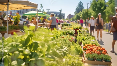 Crowd of people at a local farmers market in the summertime, A bustling organic farmer's market during summer, AI Generated photo