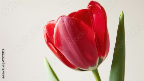 A close-up of a tulip, with its red petals and green stem, against a white background.