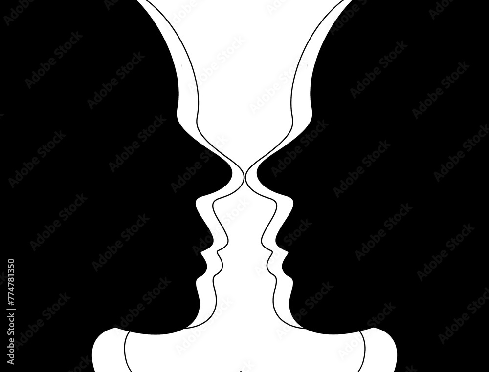 Two faces silhouette black and white illustration, people 