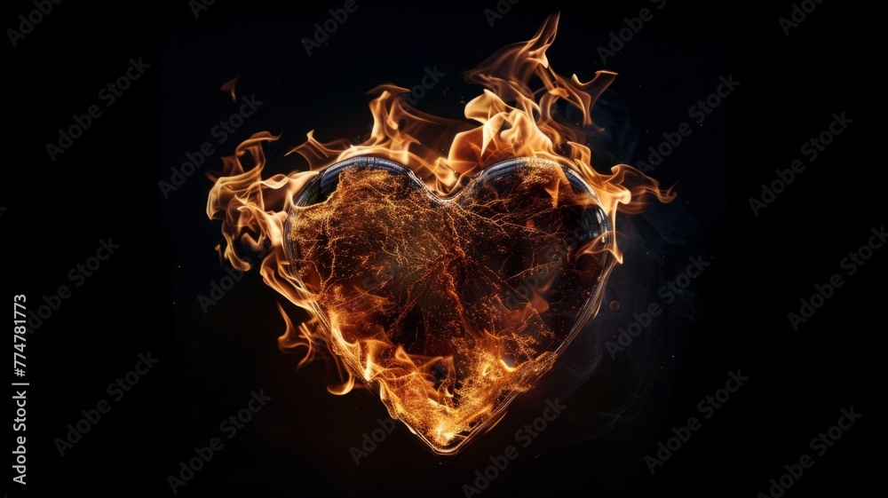 Fototapeta premium Fiery heart in darkness illustration - A striking illustration of a burning heart engulfed in flames, symbolizing intense passion or consuming love