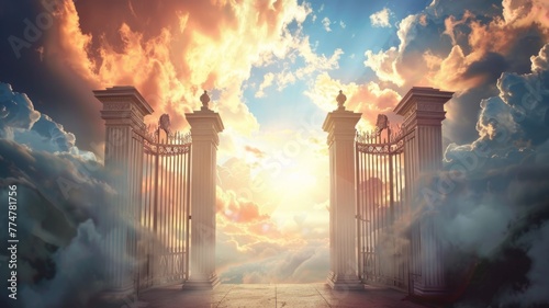 Heavenly gates opening to a divine sunset - This image depicts majestic gates opening to reveal a stunning, divine sunset among dramatic clouds