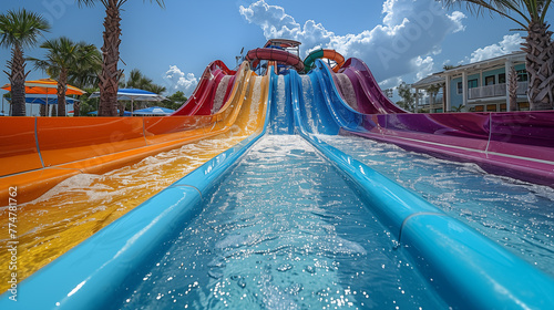 Colorful water slides at a water park in summer