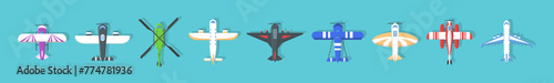 Travel transportation airliner top view. Engine wing vehicle adventure plane concept. Set of flying planes, airplane or aeroplane in flat design. Business aviation transport. Vector illustration.