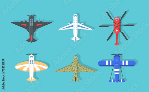 Travel transportation airliner top view. Engine wing vehicle adventure plane concept. Set of flying planes, airplane or aeroplane in flat design. Business aviation transport. Vector illustration.