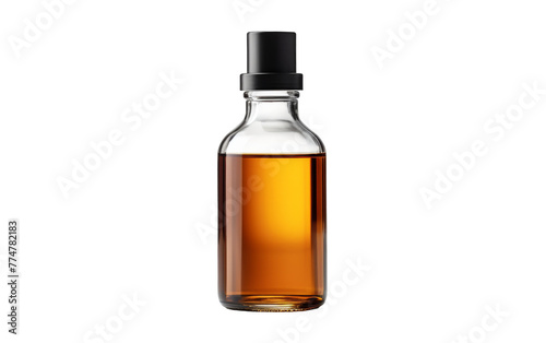 Clear glass bottle filled with liquid on a white background