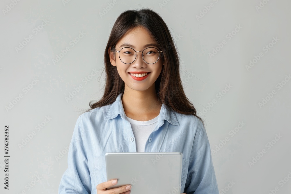young asian woman, company worker in glasses, smiling and holding digital tablet, standing over white background young asian woman, company worker in glasses, smiling and holding digital tablet, standing over white background
