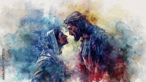 Abstract watercolor representation of Jesus meets his mother - An abstract watercolor artwork symbolizing an emotional embrace between two individuals
