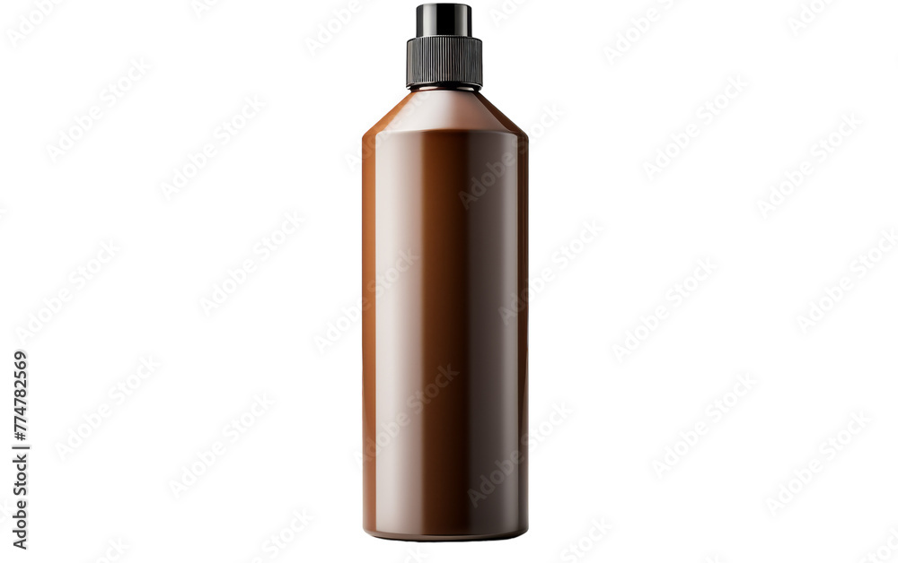 A brown plastic bottle with a black cap sitting on a table A brown plastic bottle with a black cap sitting on a table
