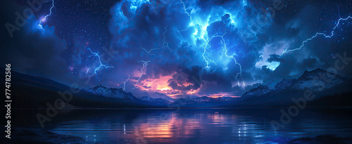 landscape panorama with thunderstorms and lightning flashes in night sky in nature over a lake with mountains