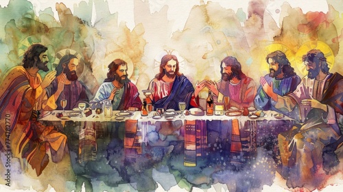 Watercolor of The Last Supper painting - A vibrant watercolor rendition of The Last Supper, depicting Jesus and his disciples dining and conversing photo