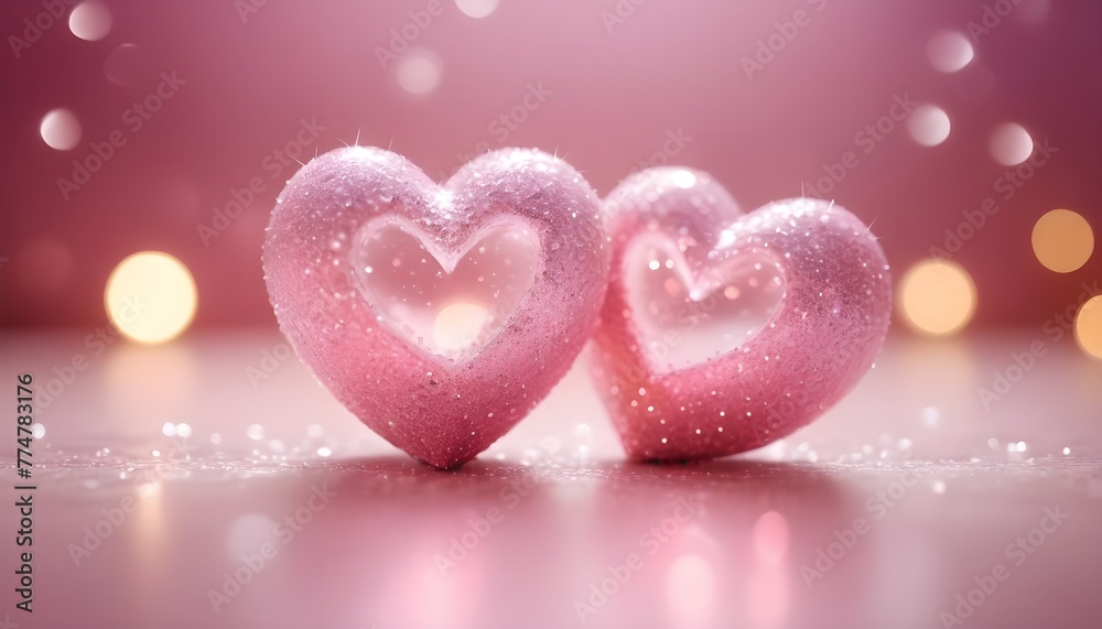 featuring two pink hearts adorned with sparkling glitter and dewdrops, set against a bokeh light background
