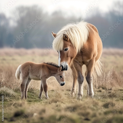 Running haflinger mare with nice foal photo