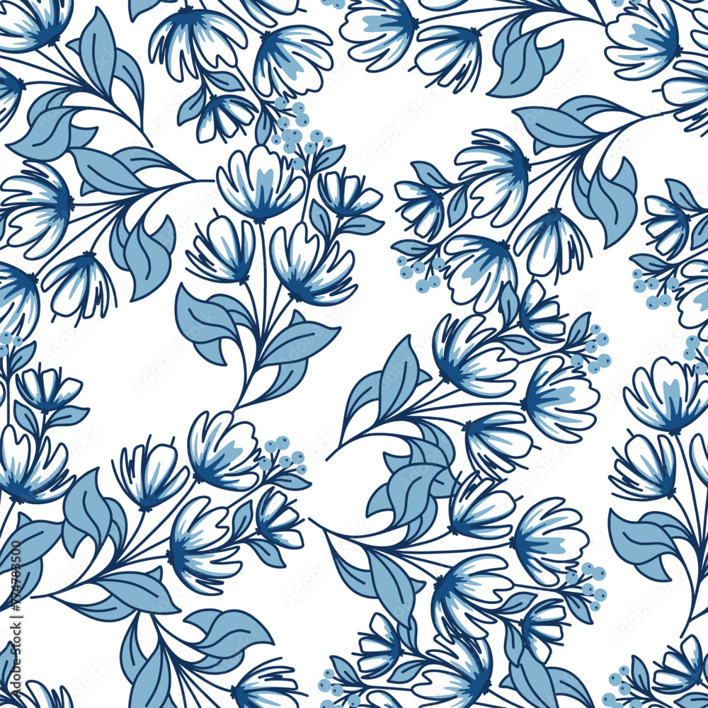 Fototapeta premium Blue Monochrome Floral Branches Vector Seamless Pattern