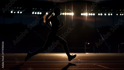 Silhouette of an athlete running at dusk - A female athlete's silhouette is captured in mid-stride on a track field, with the sunset creating a dramatic backdrop