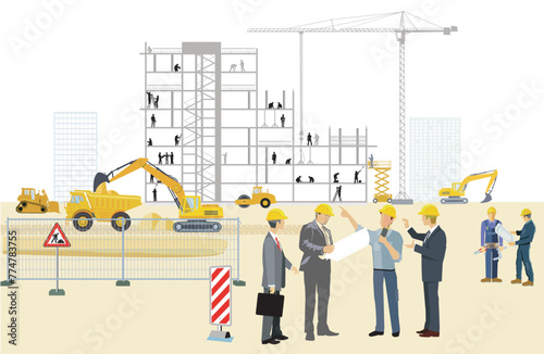 Handwerker auf der Baustelle mit Baufahrzeugen  illustration