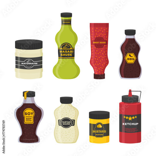 Set of different bottles with sauces, mustard, soy, wasabi, mayonnaise, bbq in flat design. Fast food sauce mayonnaise ketchup mustard isolated on white background. Vector illustration