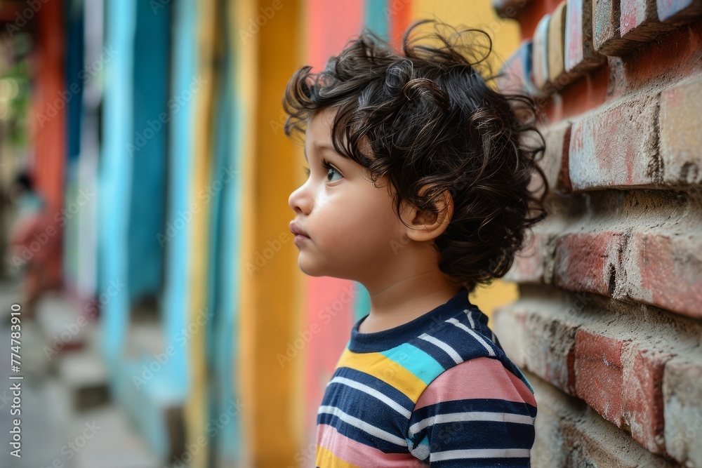 Cute little boy with curly hair in a colorful urban street.