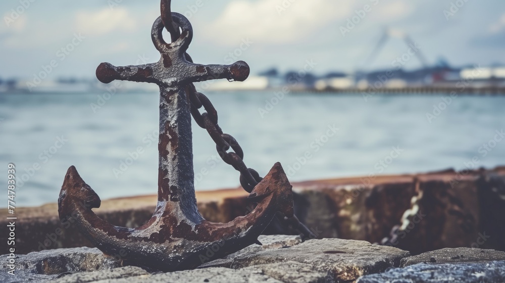 Fototapeta premium Rusty Anchor on Busy Port Pier