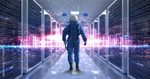 High-Tech Server Room: Astronaut's Cosmic Walk. Technology Related 3D CG Animation.