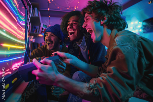 A group of friends playing video games on a retro console, surrounded by VHS tapes and neon lights photo