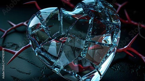 Broken glass heart with thorns on black background. Unrequited love, separation concept.  photo