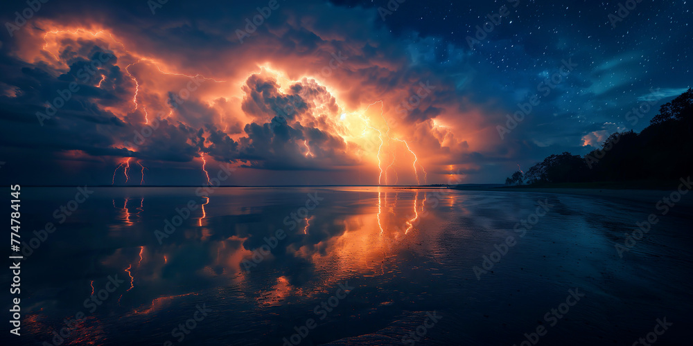 landscape panorama with thunderstorms and thunderbolt lightning in night sky in nature in summer over a sea water