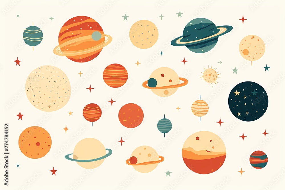 A series of elegant, minimalist vector illustrations of celestial bodies such as stars, moons, and planets isolated on a white solid background
